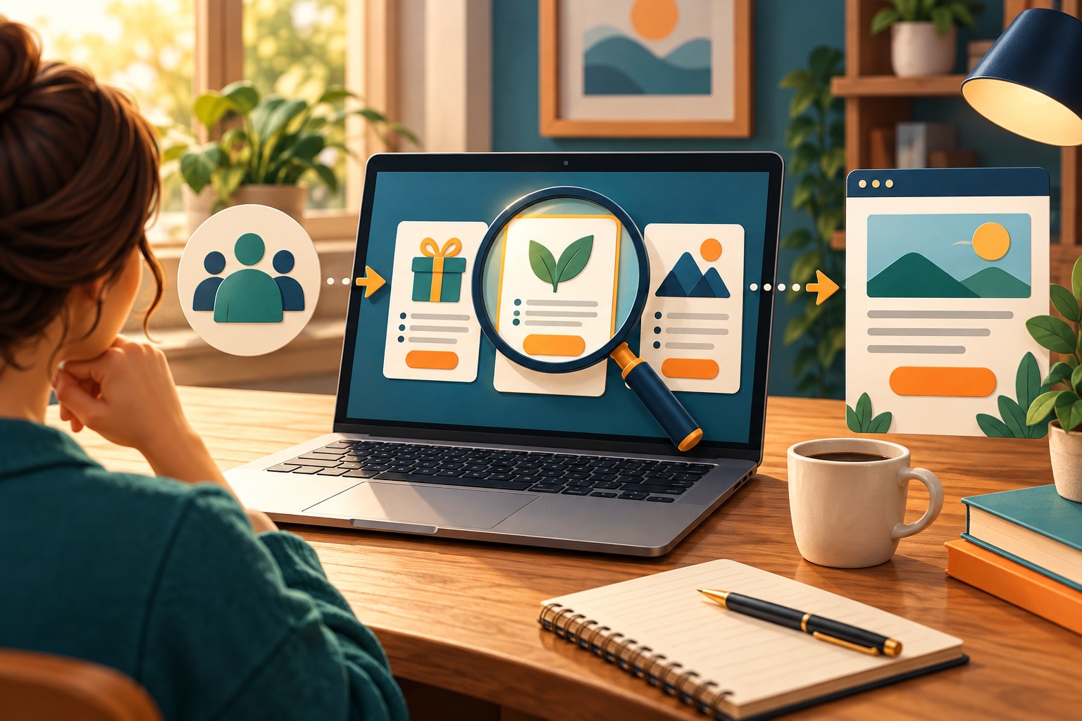 Marketer comparing three offer cards on a laptop and matching a selected offer to its landing page.