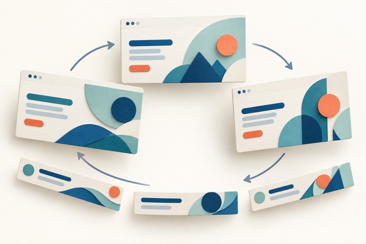 Three rotating splash pages and matching banners retain a consistent geometric identity and color palette.